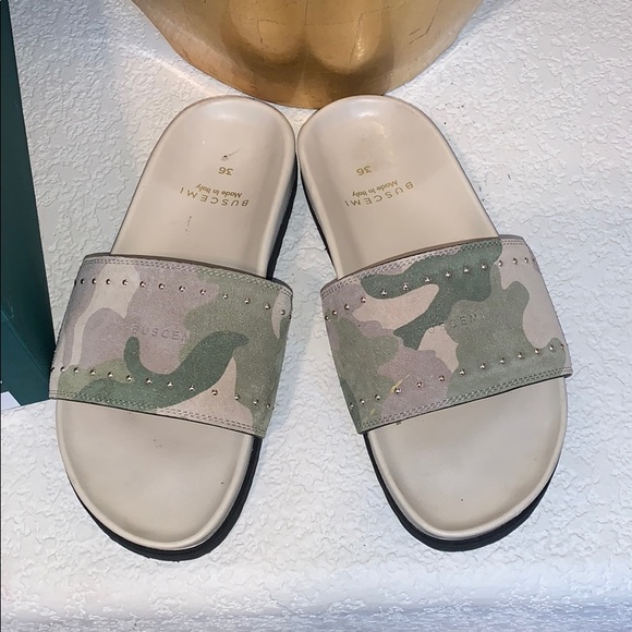 Buscemi Camo Olive Suede Slides - Picture 2 of 4